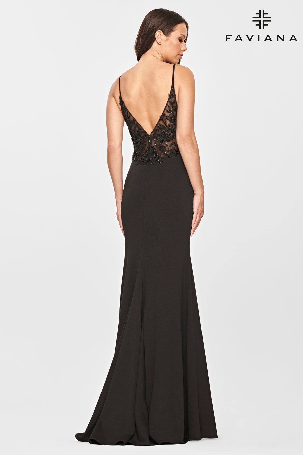 Jersey V Neck Long Dress With Beaded Lace Applique