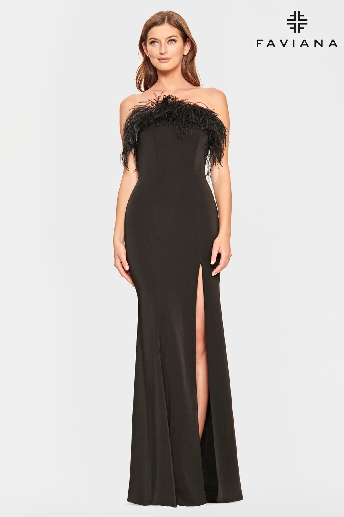 Feather Trim Black Dress With Leg Slit | Faviana Feather Trim Black Dress With Leg Slit | Faviana