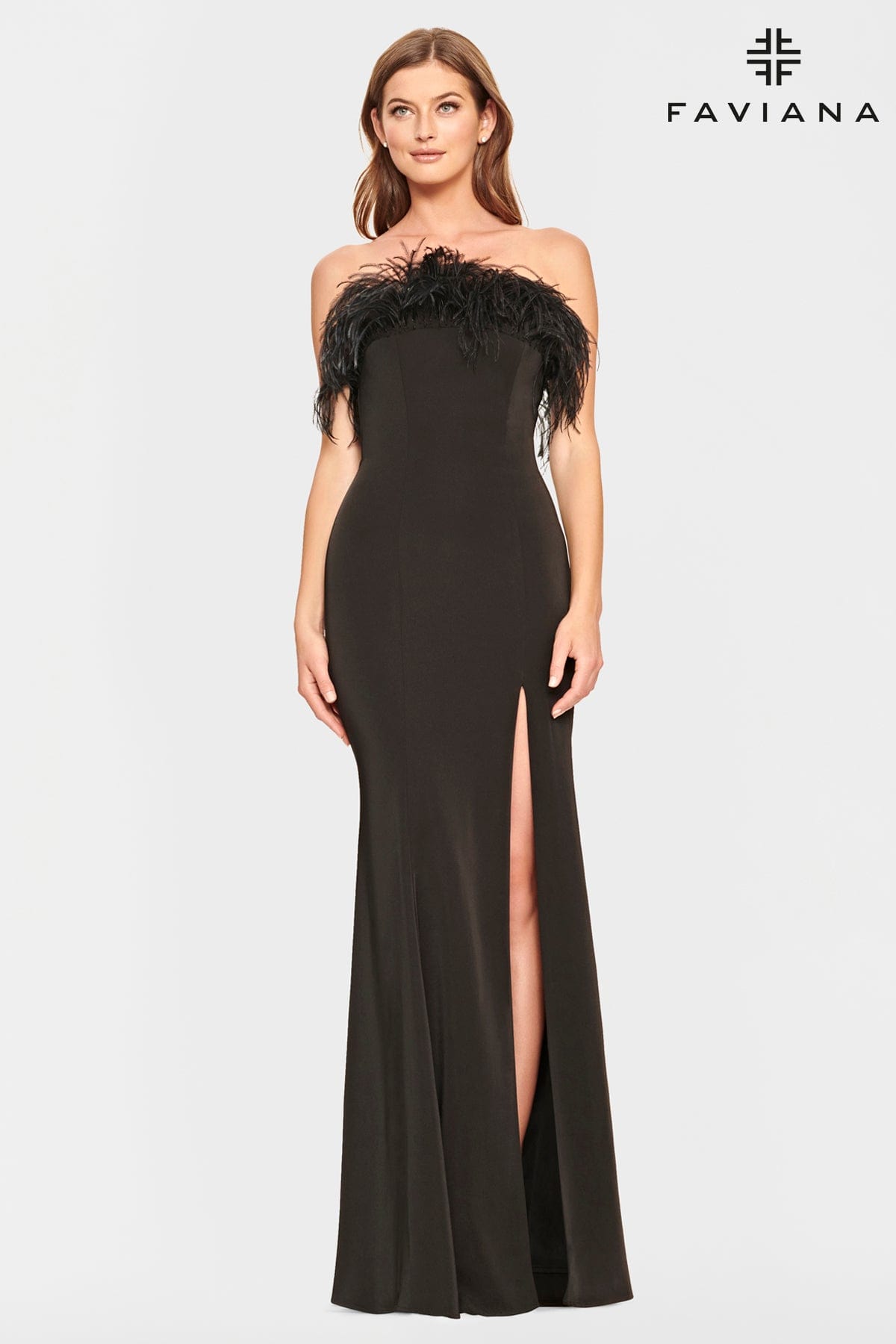 Feather Trim Black Dress With Leg Slit