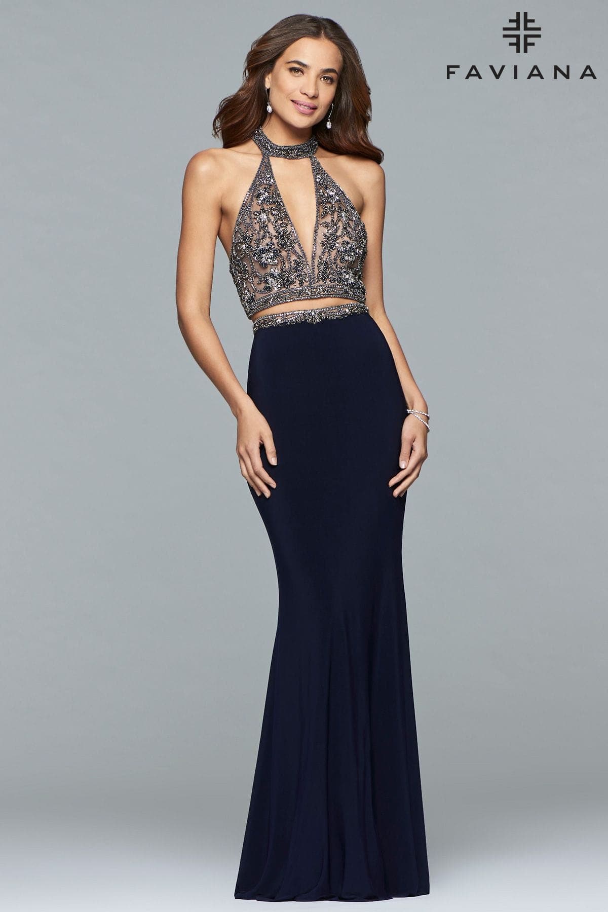 Two-Piece Long Jersey Halter Dress With Beaded Bodice