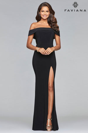 Long Jersey Off-The-Shoulder Dress With Slit | Faviana