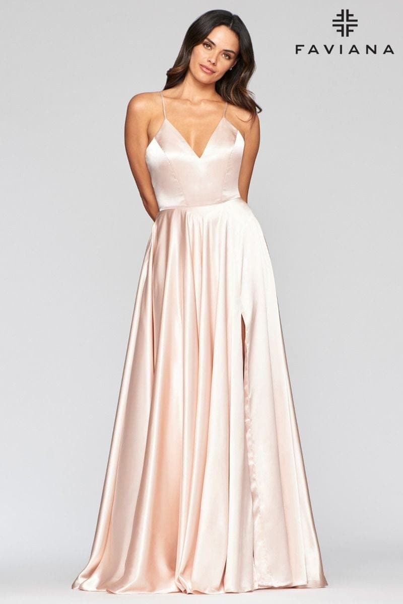 Silky Charmeuse Lace Up Back Prom Dress With Side Pockets | Faviana