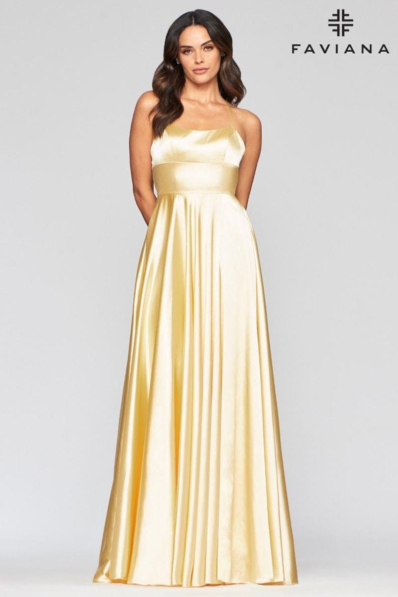 Charmeuse Halter Neck Long Dress With Scoop Neckline And Lace Up Back | Faviana Charmeuse Halter Neck Long Dress With Scoop Neckline And Lace Up Back | Faviana