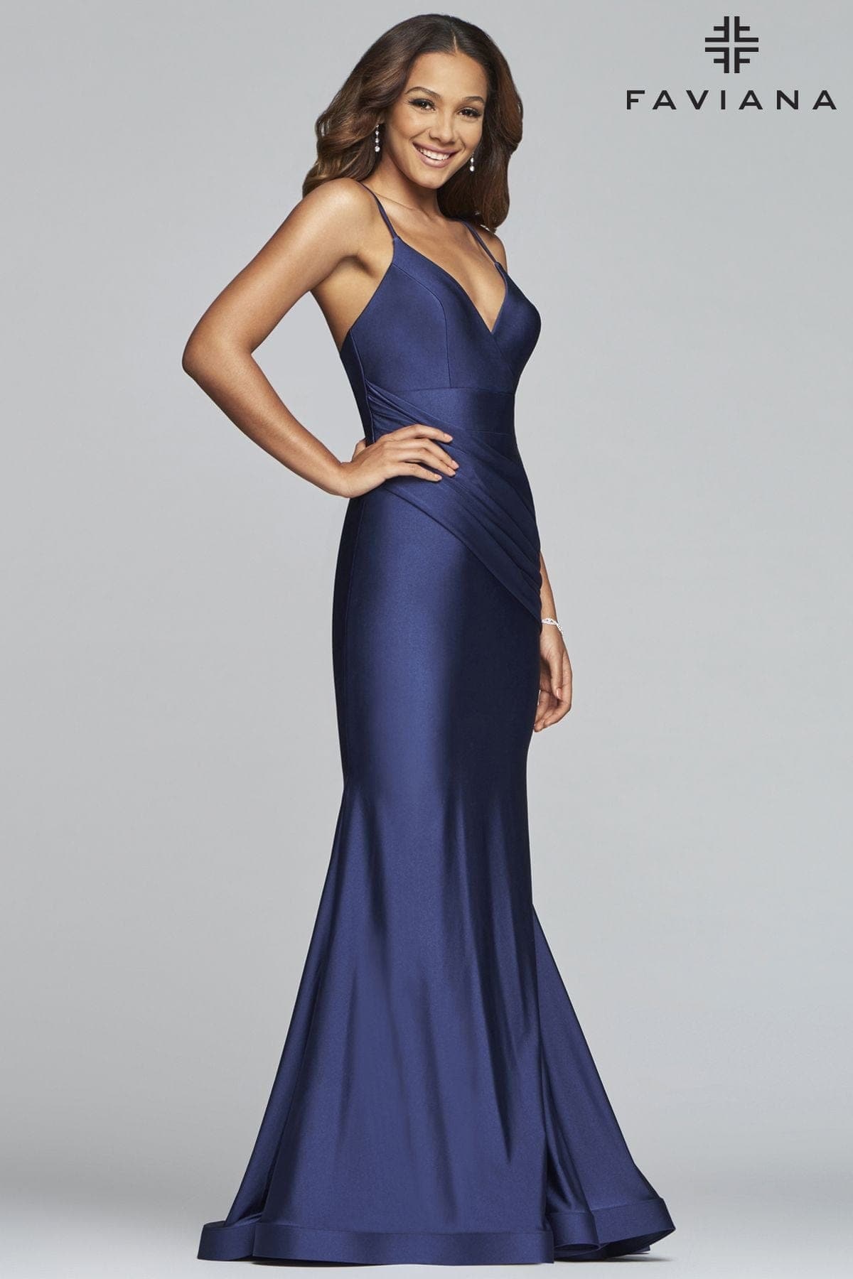 Long V-Neck Stretch Charmeuse Dress With Side Drape Front