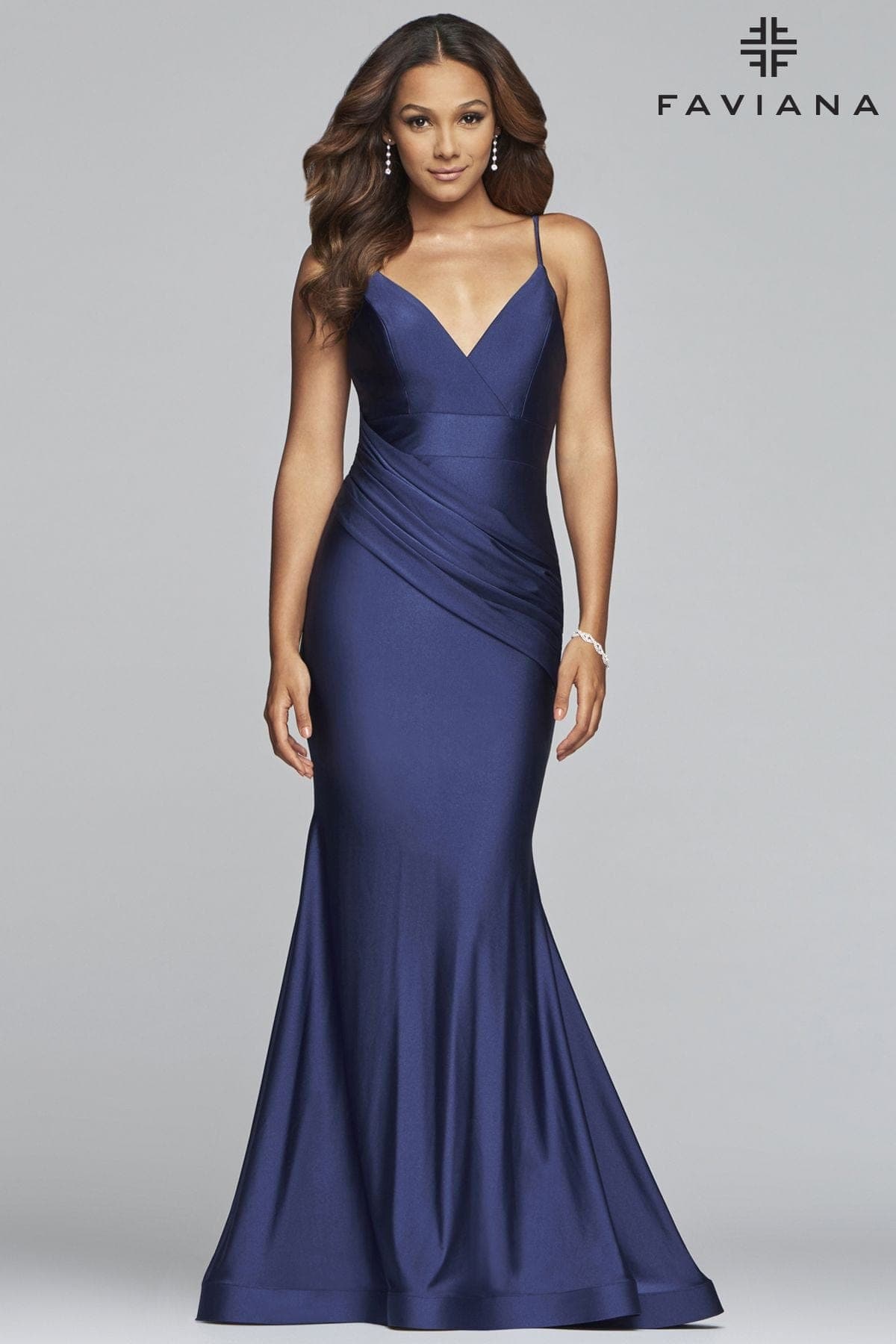 Long V-Neck Stretch Charmeuse Dress With Side Drape Front
