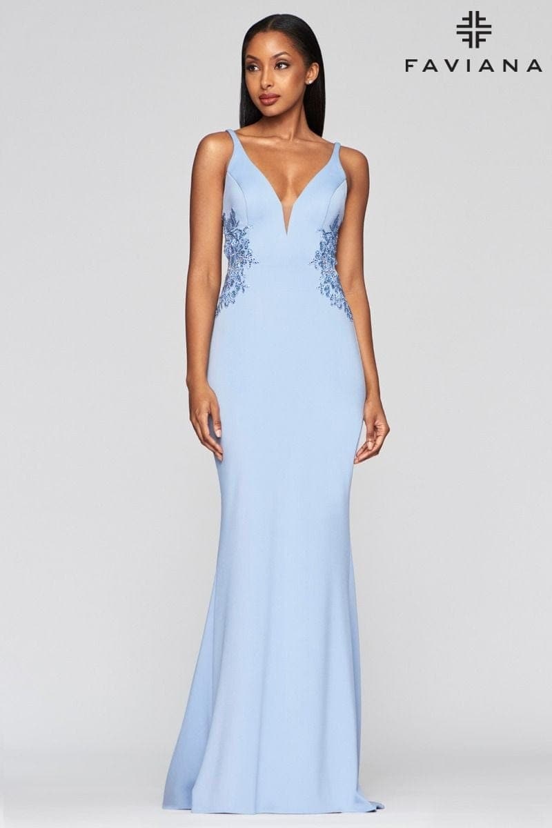 Long V Neck Neoprene Dress With Beaded Applique At Waist And Open Back | Faviana Long V Neck Neoprene Dress With Beaded Applique At Waist And Open Back | Faviana