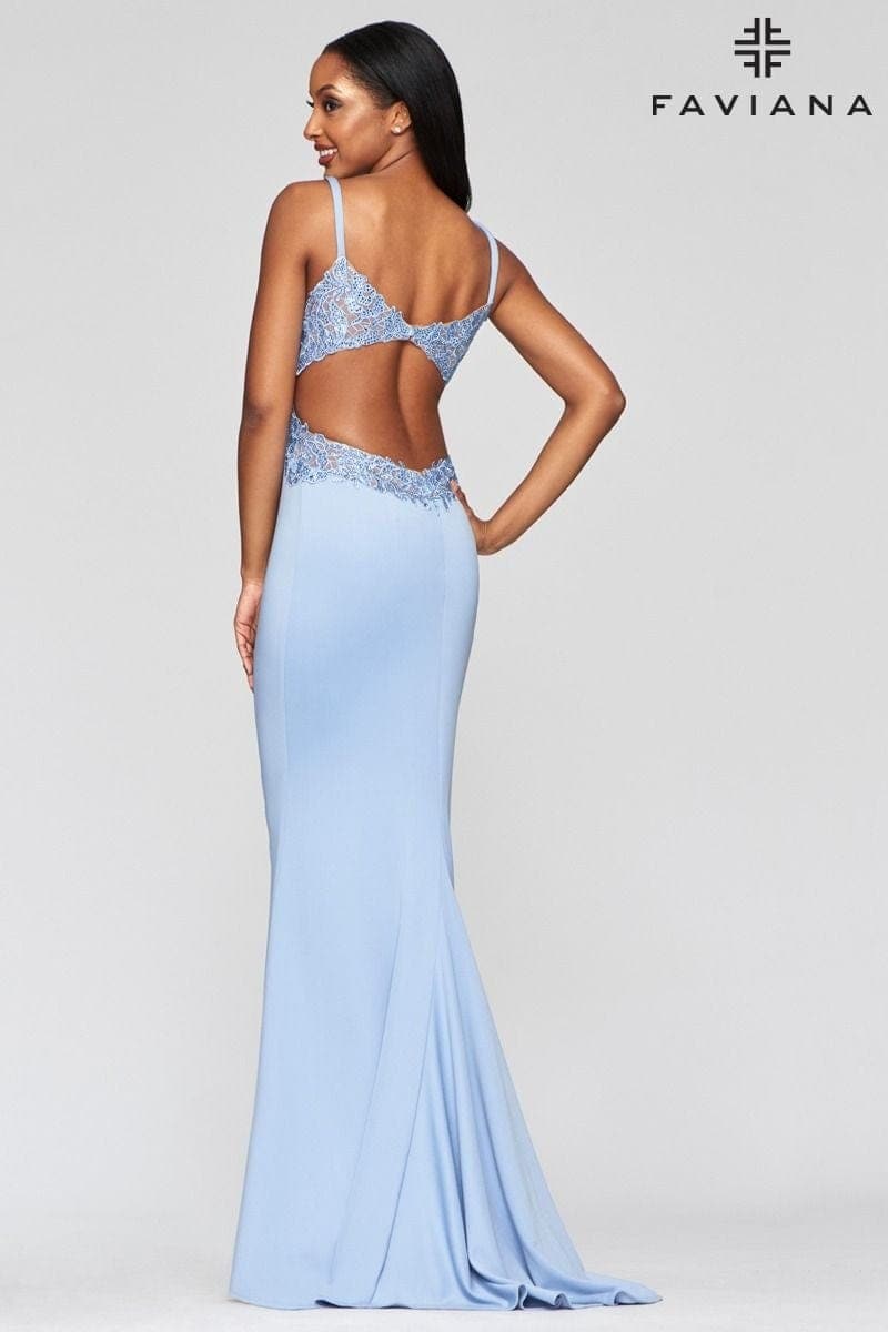 Long V Neck Neoprene Dress With Beaded Applique At Waist And Open Back