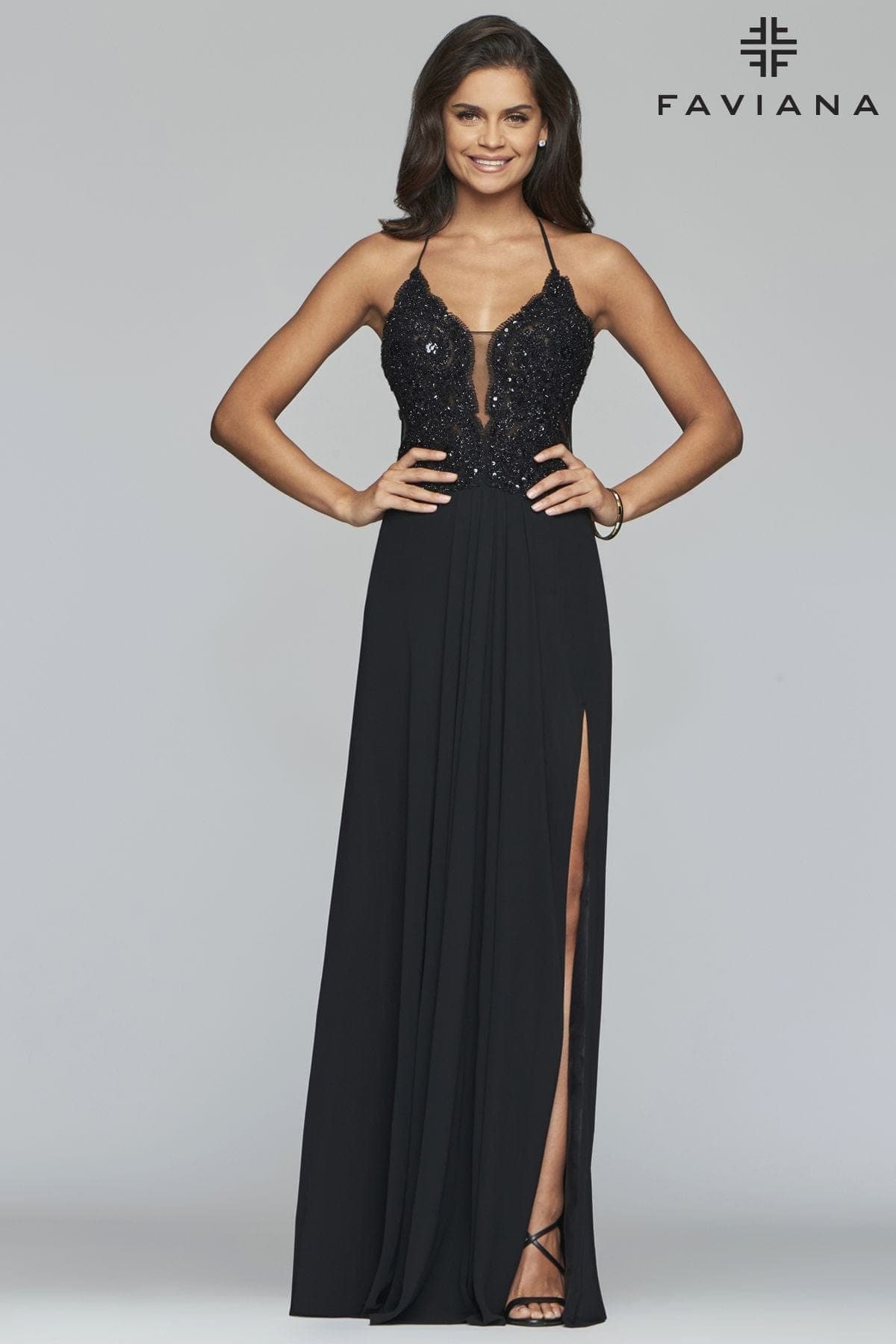 V Neck Long Chiffon Dress With Beaded Lace Applique Bodice | Faviana V Neck Long Chiffon Dress With Beaded Lace Applique Bodice | Faviana