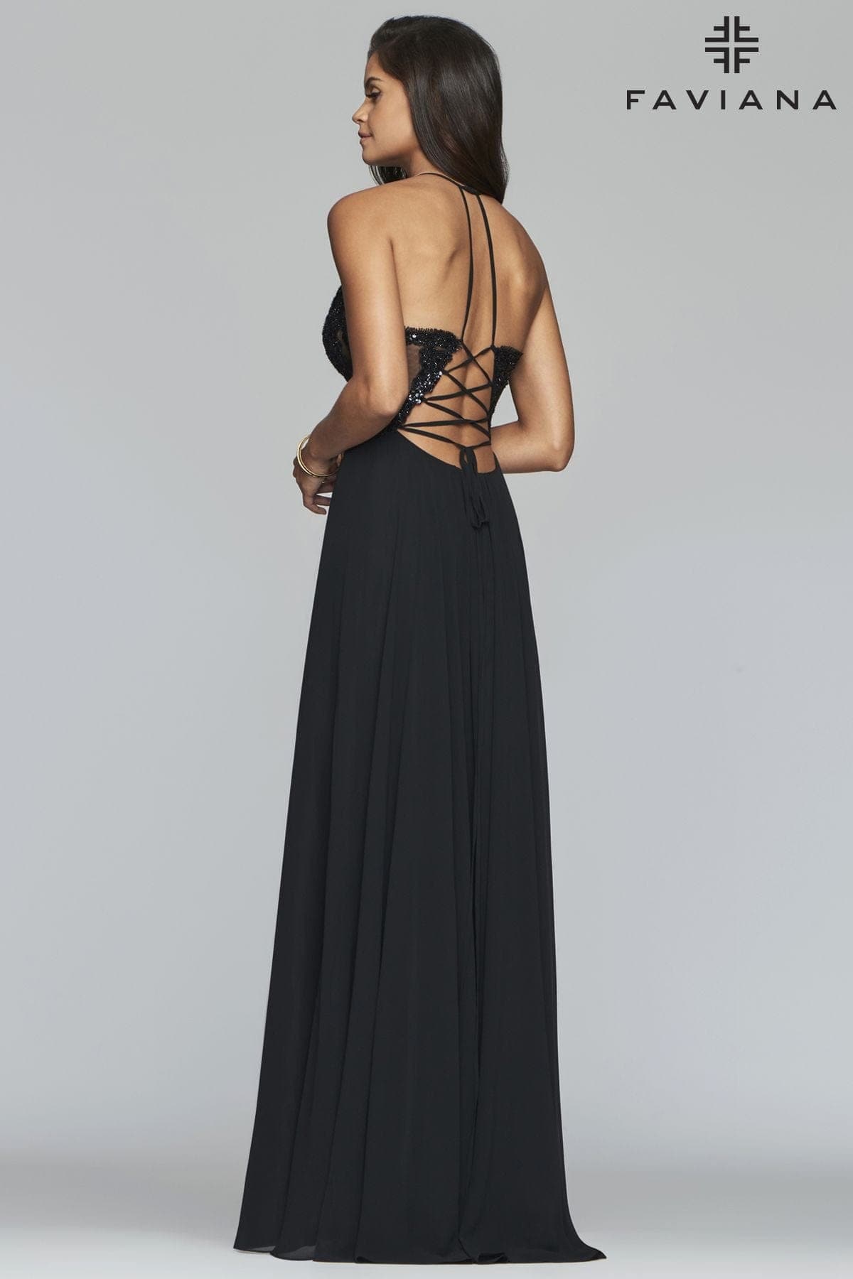V Neck Long Chiffon Dress With Beaded Lace Applique Bodice