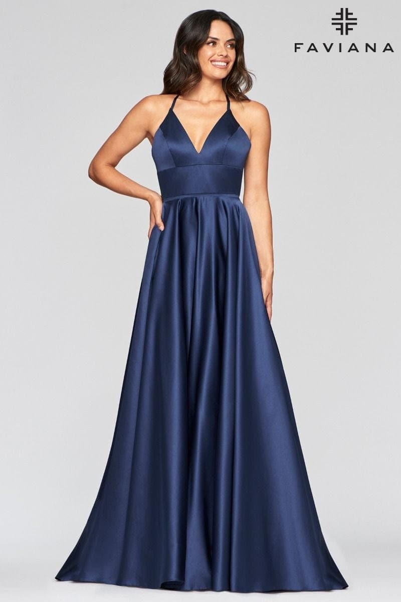 Satin Ballgown Dress With Lace Up Back And V Neck