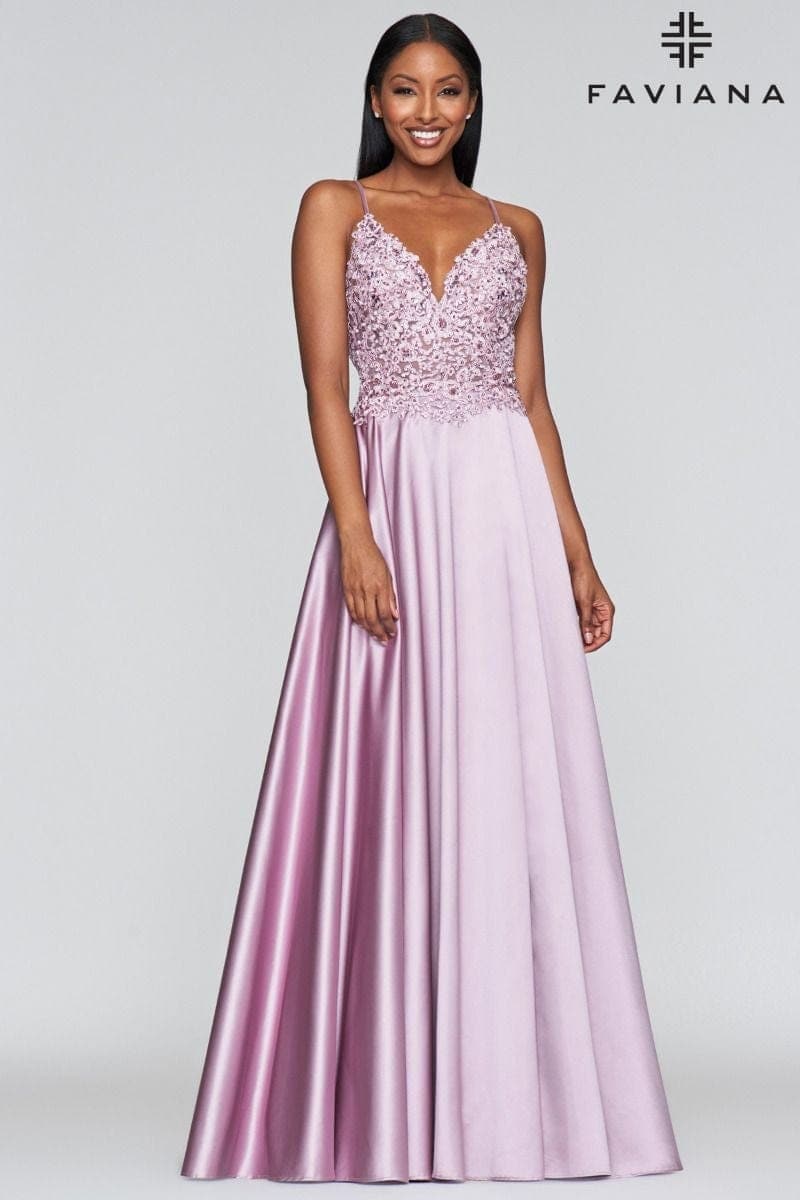 Long Satin Dress With Ballgown Skirt And Beaded Applique | Faviana