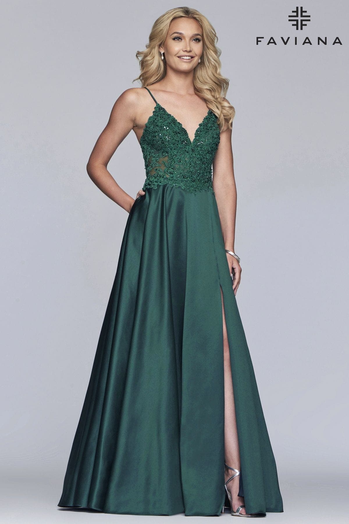 Long Satin Dress With Ballgown Skirt And Beaded Applique