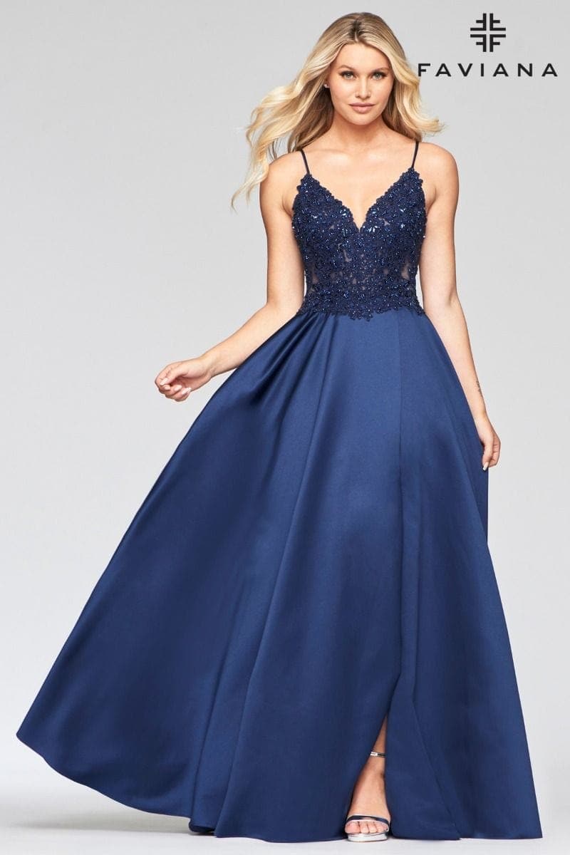 Long Satin Dress With Ballgown Skirt And Beaded Applique