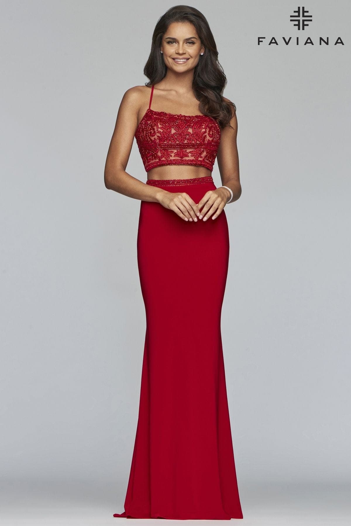 Two Piece Jersey Dress With Scoop Neckline And Beaded Applique