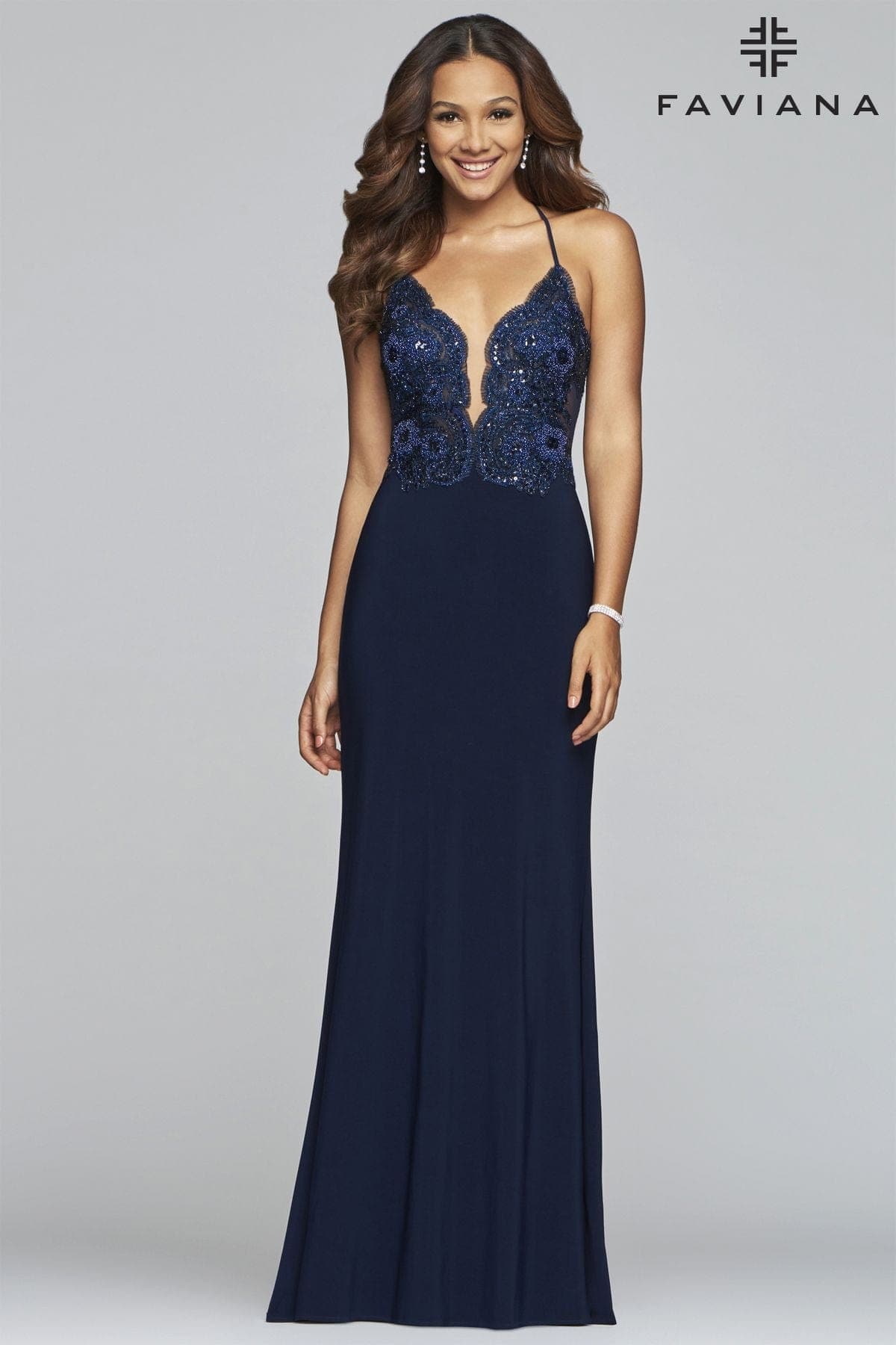 faviana navy blue dress Navy Blue V-Neck Gown With Wrap-Over Skirt And Sequin Appliqu
