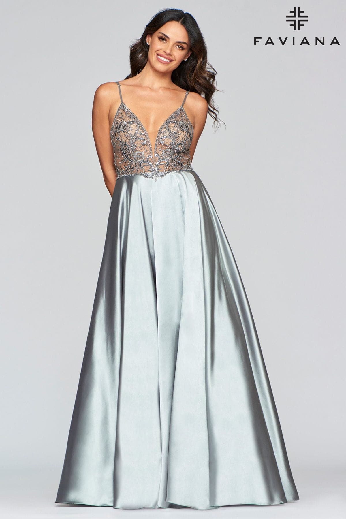 Long Charmeuse Dress With Applique And Sheer Cut Outs
