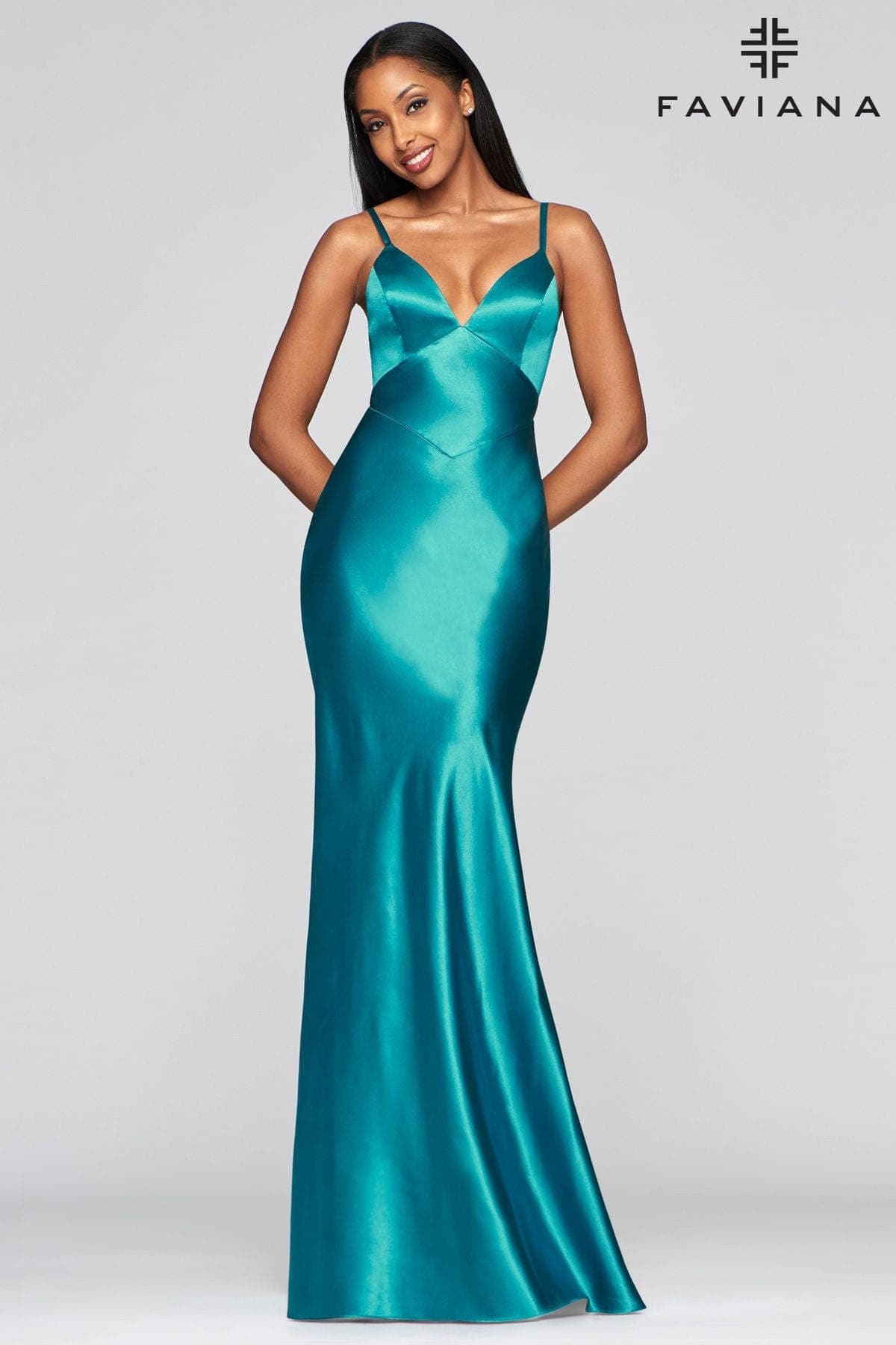B263018 Alluring Lux Charmeuse Fit and Flare Gown with Plunging V-Neckline  and Deep Cowl Back
