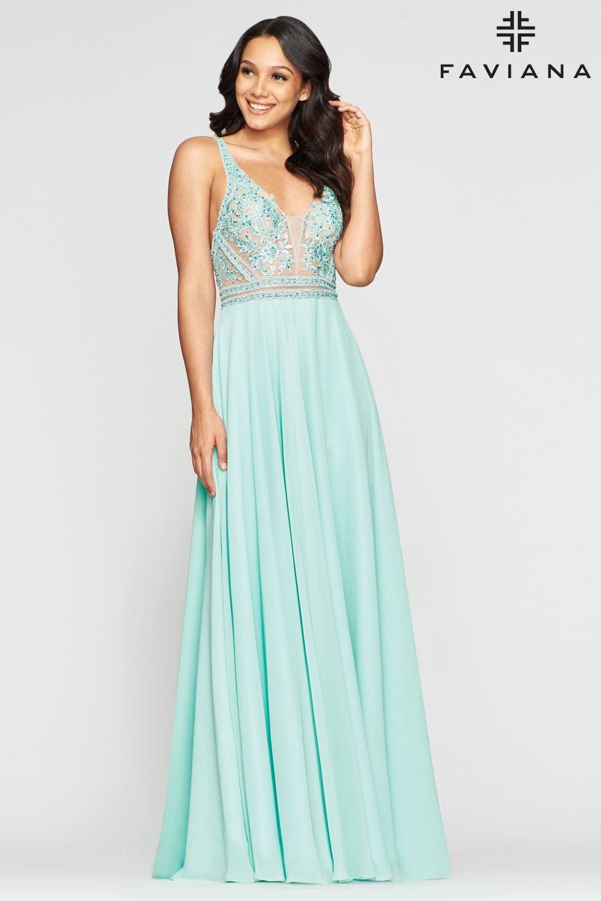 V Neckline Prom Dress With Chiffon Skirt And Mesh Paneling | Faviana V Neckline Prom Dress With Chiffon Skirt And Mesh Paneling | Faviana