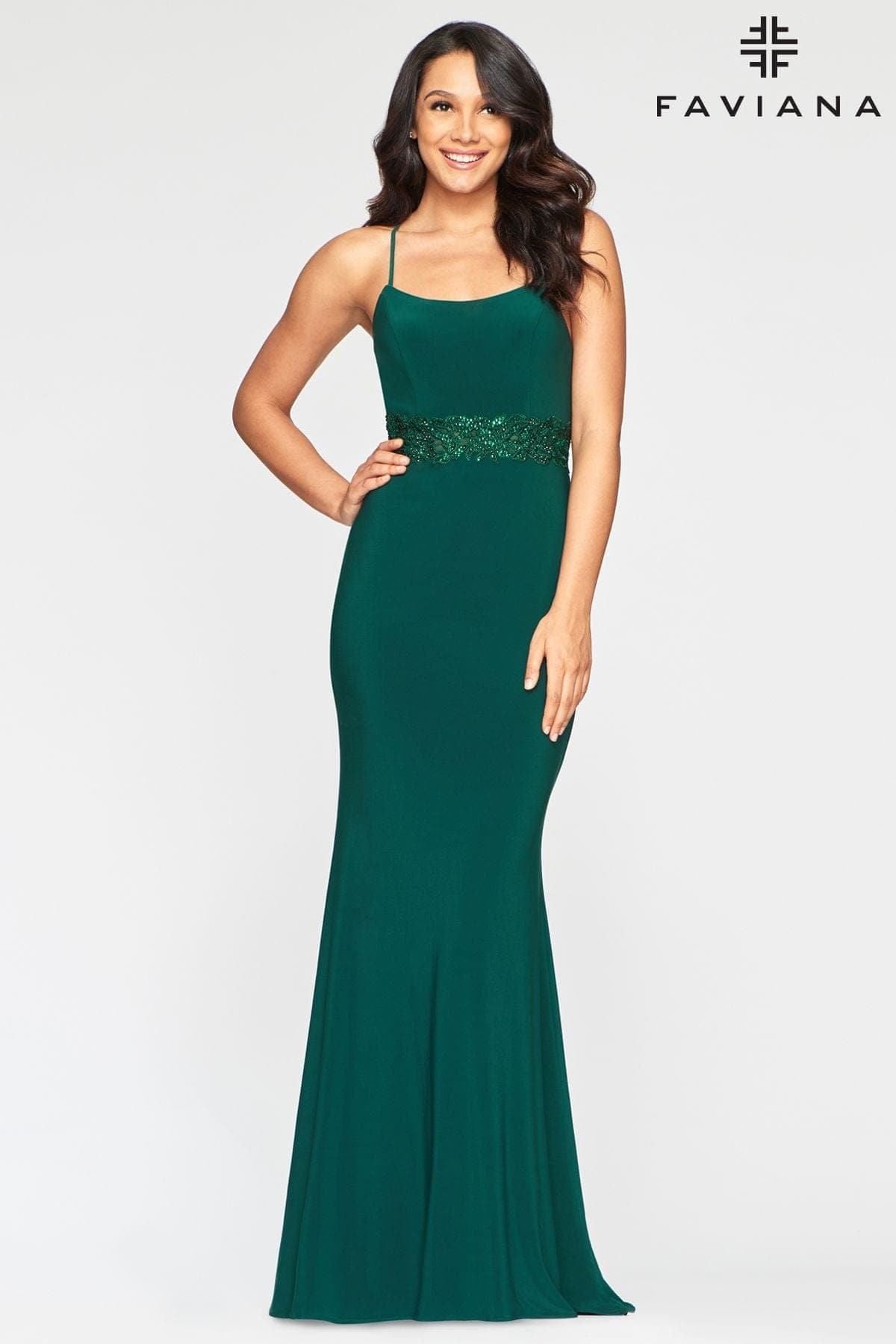Long Jersey Dress With Beaded Waist Band And Lace Up Back