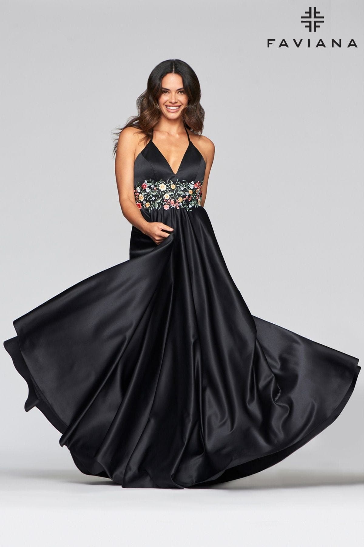 Long Satin Ball Gown With Floral Lace Embroidery