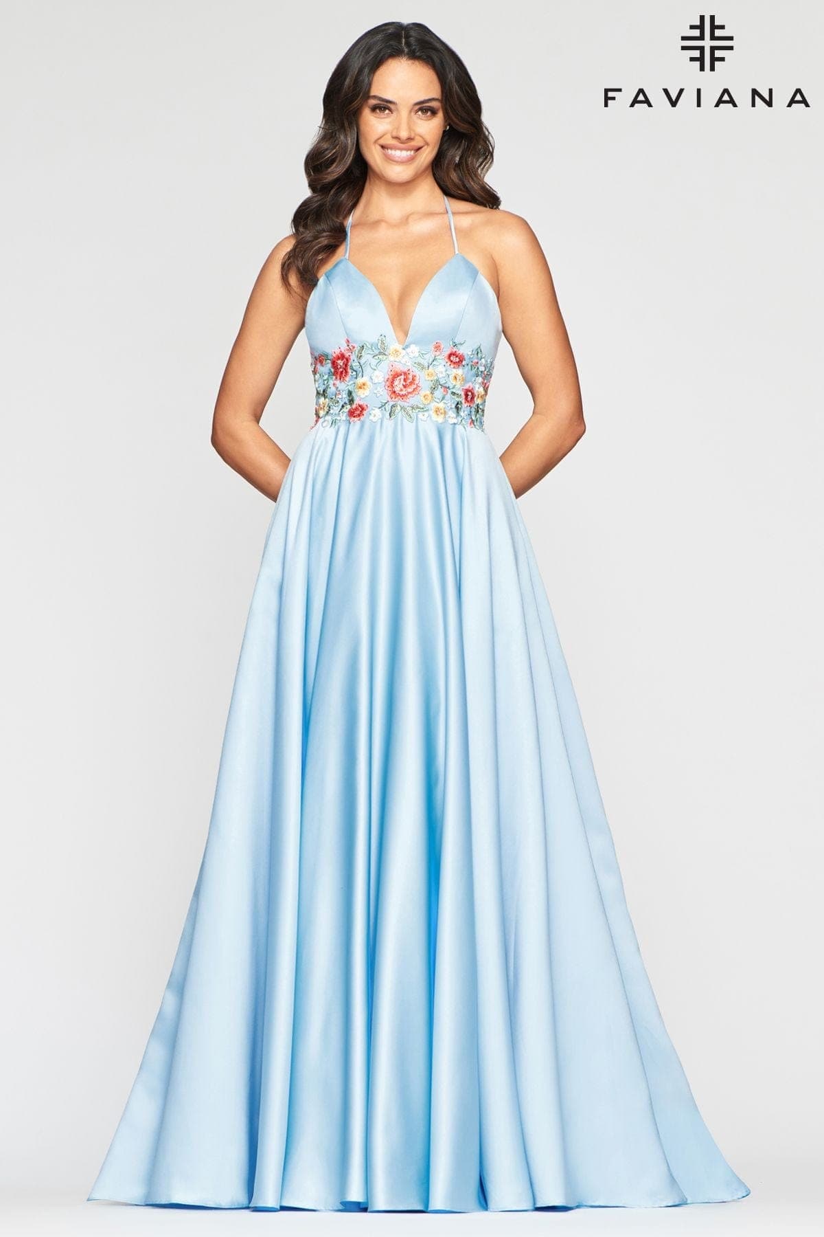 Long Satin Ball Gown With Floral Lace Embroidery