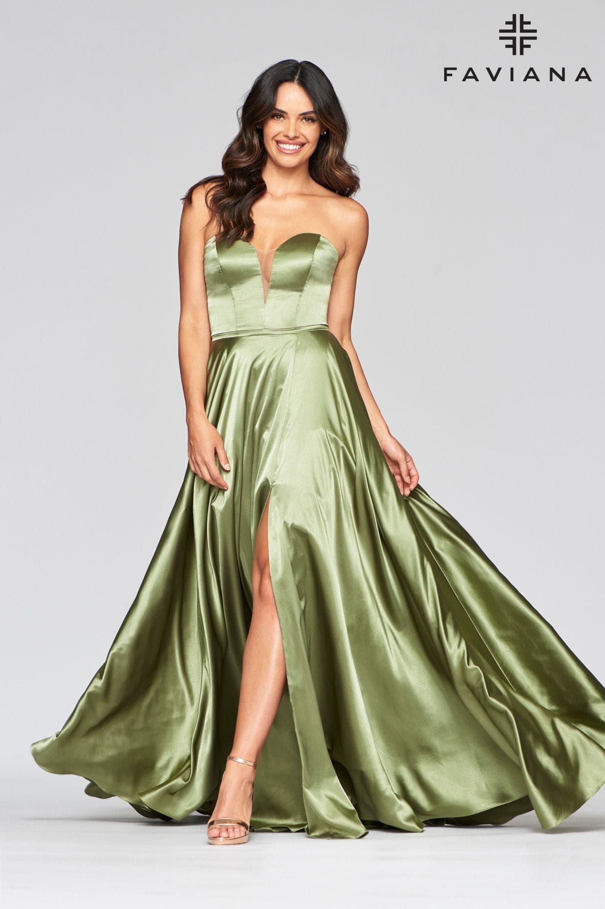 Long Strapless Satin Ball Gown Dress With Deep V Neck