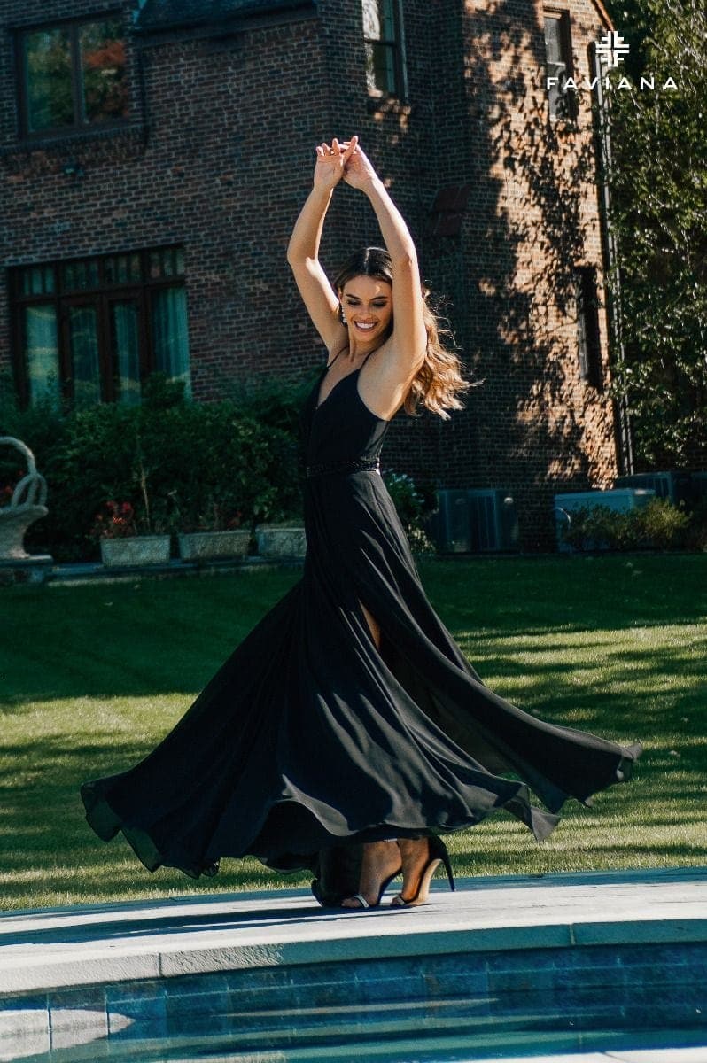 Chiffon Long Prom Dress With Pockets And Flowy Skirt | Faviana Chiffon Long Prom Dress With Pockets And Flowy Skirt | Faviana