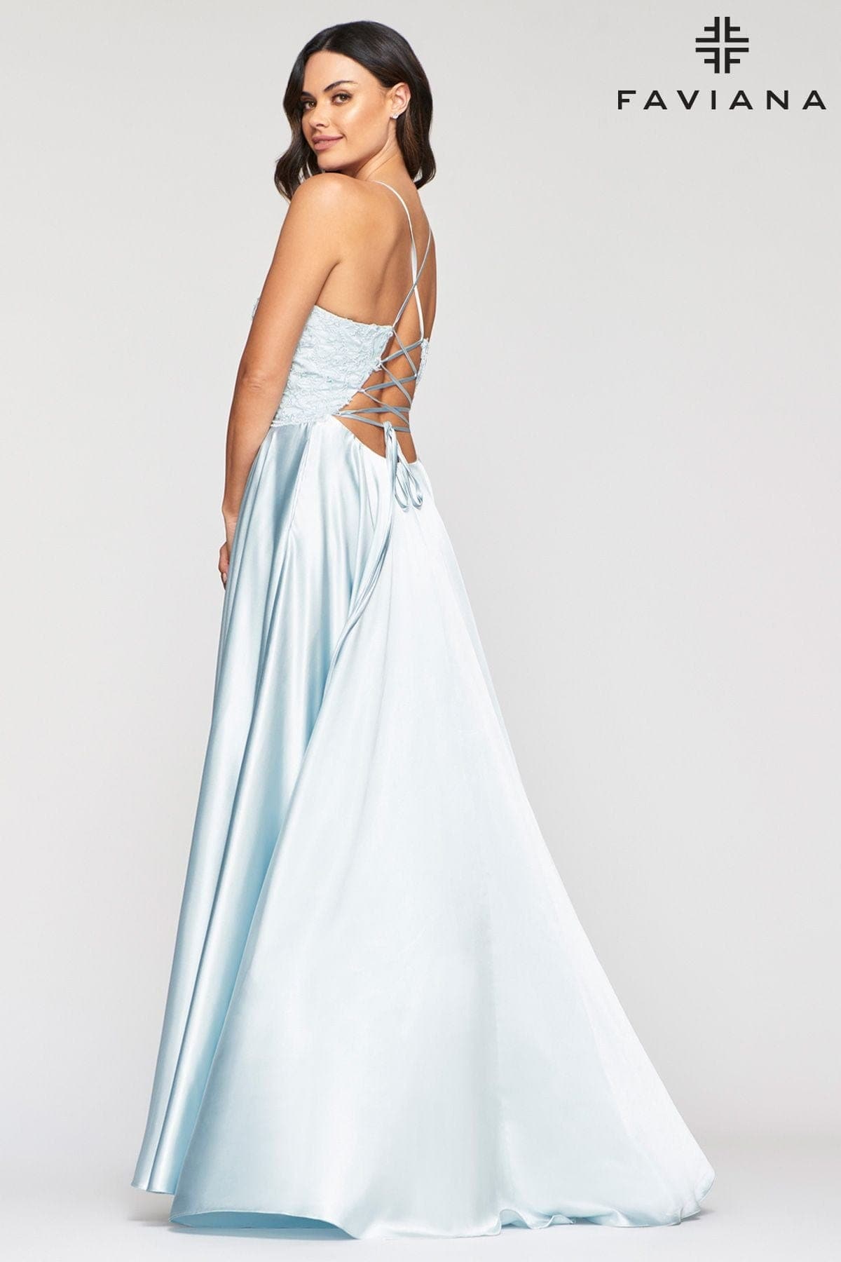 V Neck Charmeuse Gown With Applique Bodice