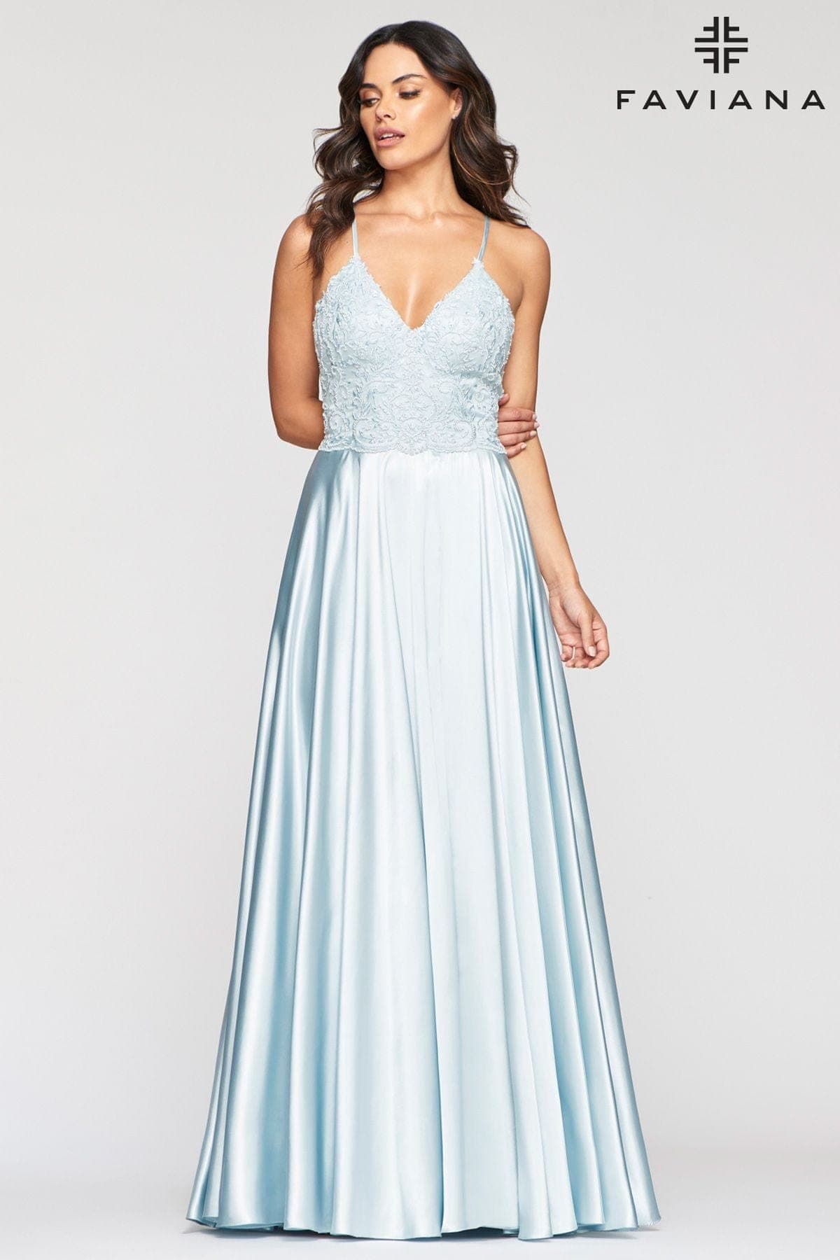 V Neck Charmeuse Gown With Applique Bodice