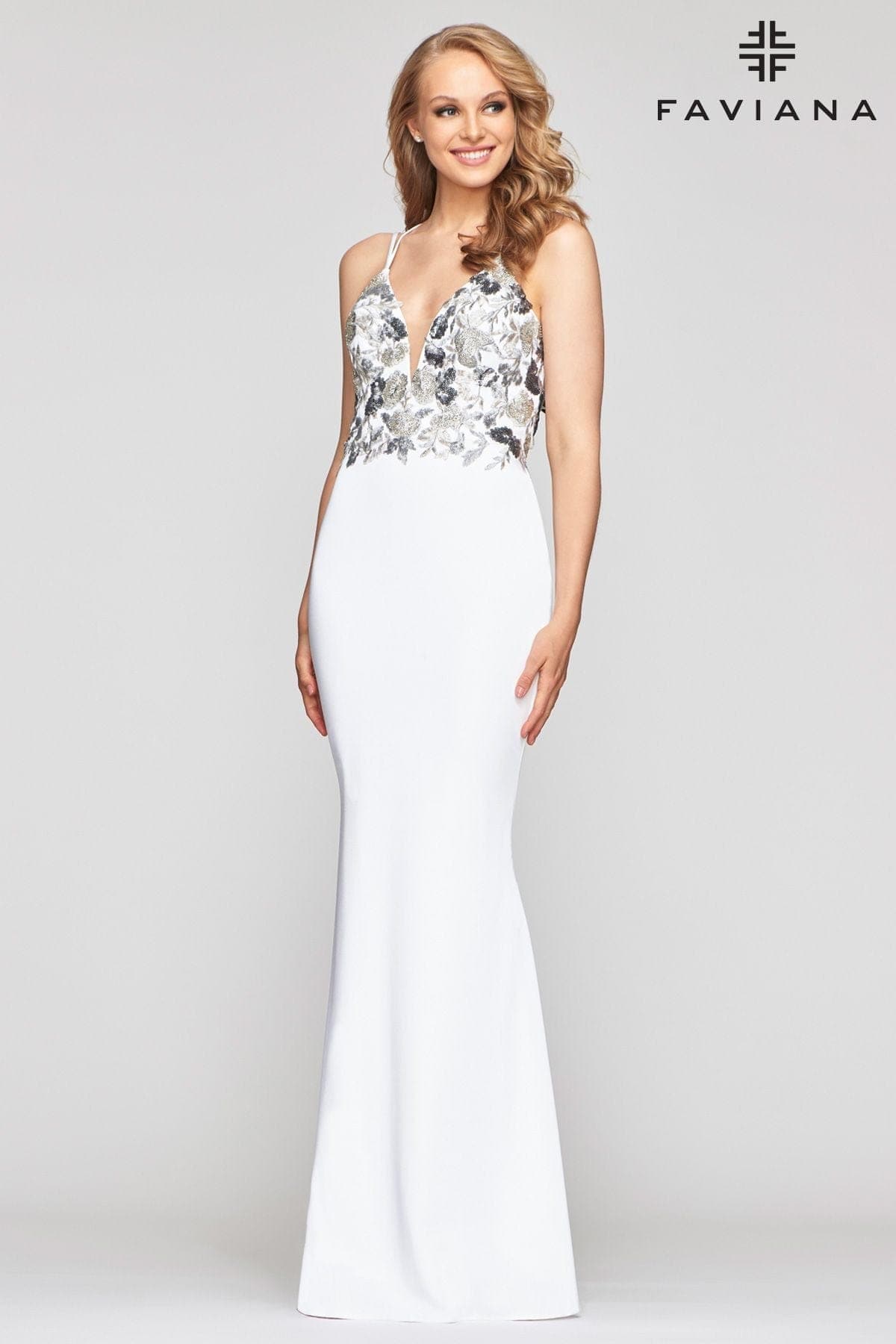 faviana white prom dress Strapless Floral-Print Sequin Prom Dress with Slit Ivory Floral / 10