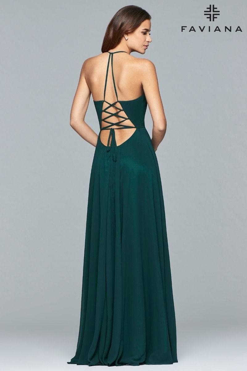 Chiffon V Neck Evening Dress With Full Skirt And Lace Up Back