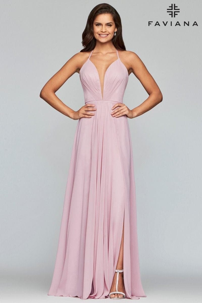 Chiffon V-Neck Evening Dress With Full Skirt And Lace-Up Back
