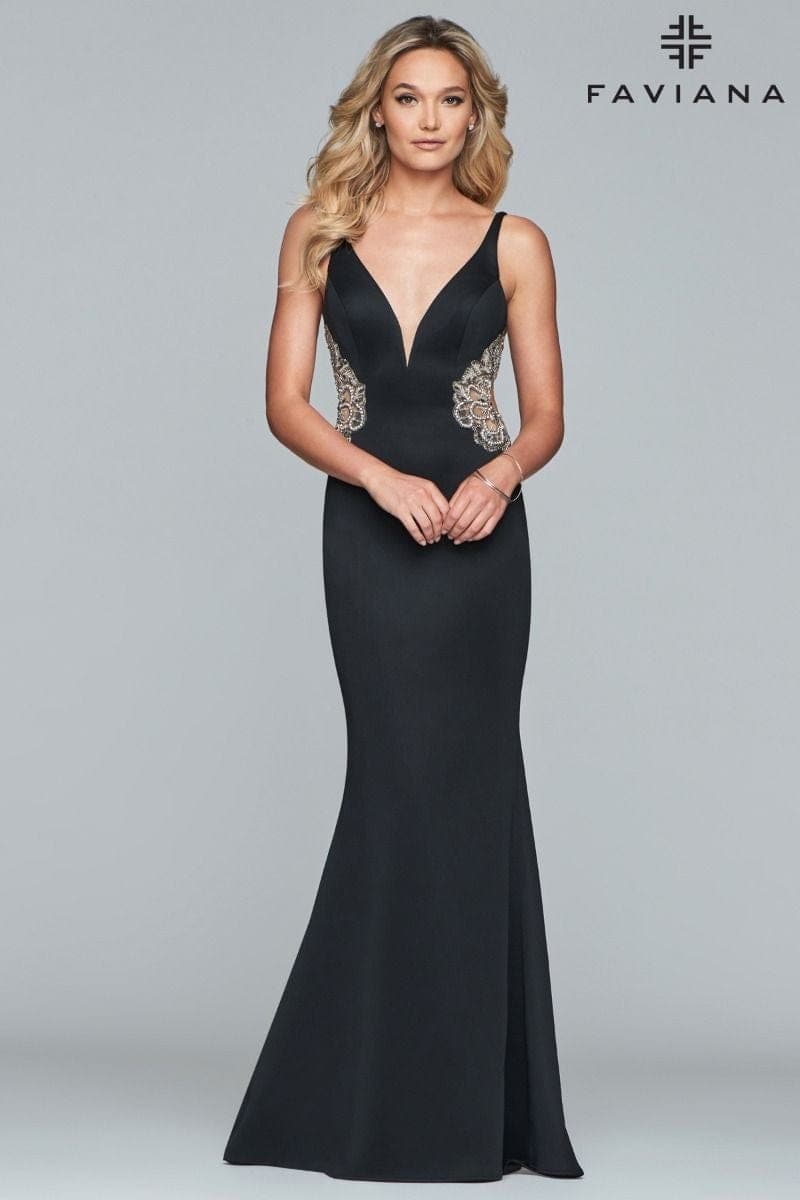 Long Fitted Neoprene Dress With Beading At Side Waist And Open Back | Faviana Long Fitted Neoprene Dress With Beading At Side Waist And Open Back | Faviana