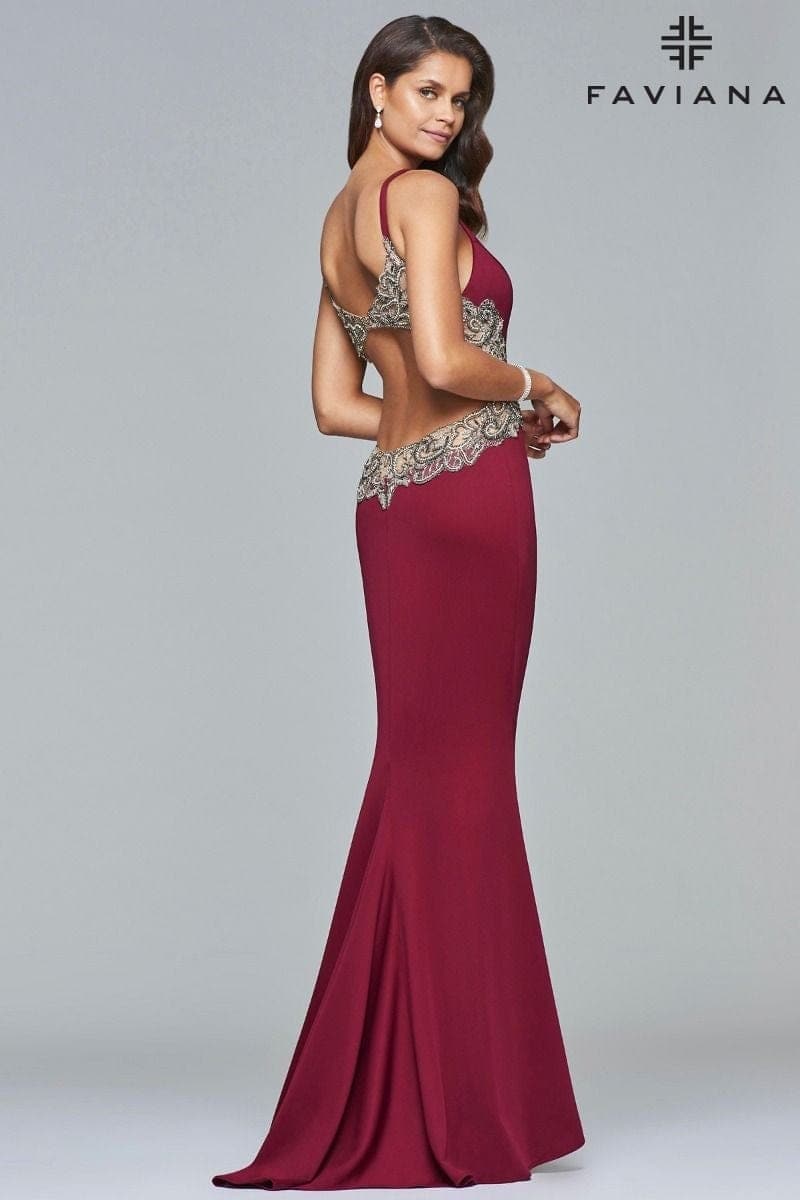 Long Fitted Neoprene Dress With Beading At Side Waist And Open Back