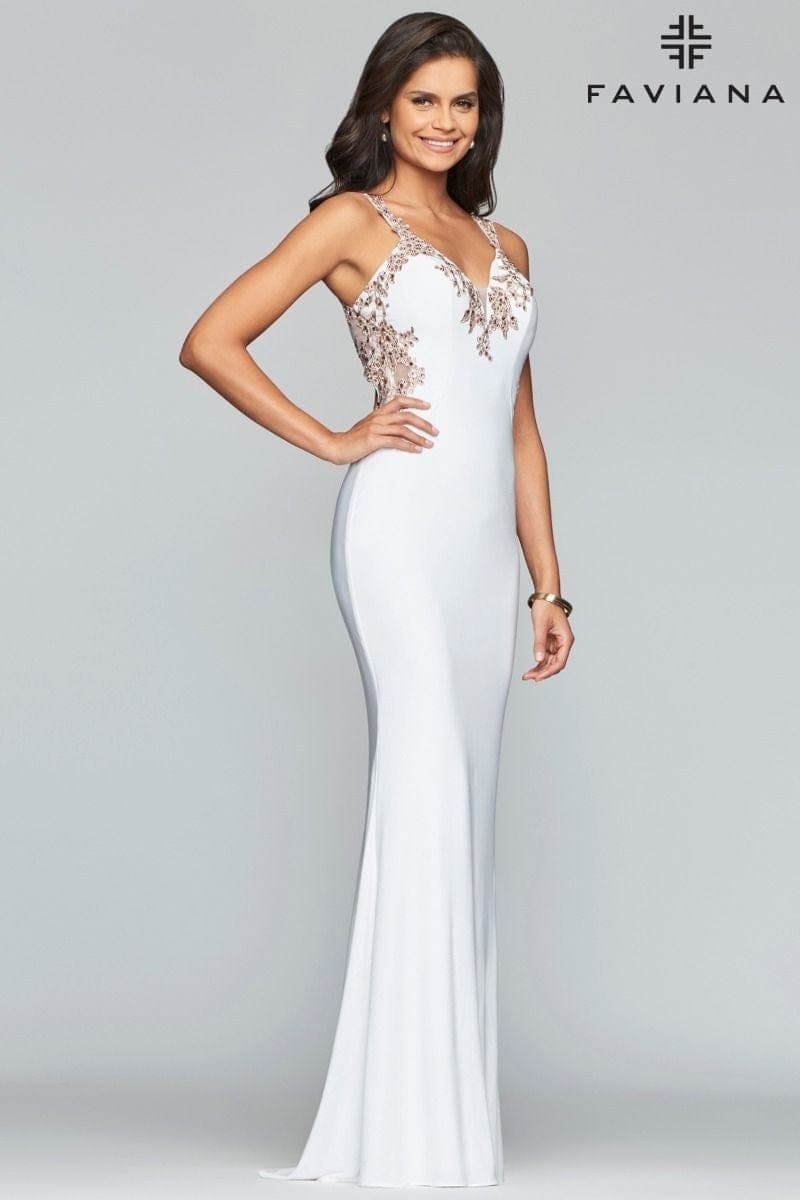 Long Jersey V-Neck Dress With Side Applique | Faviana Long Jersey V-Neck Dress With Side Applique | Faviana